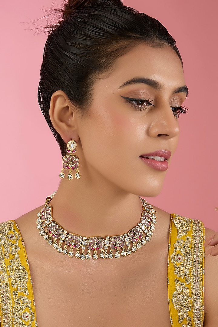 Gold Finish Kundan Polki & Beaded Necklace Set by Auraa Trends at Pernia's Pop Up Shop