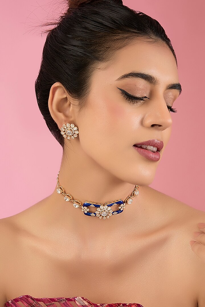 Gold Finish Kundan Polki & Beaded Necklace Set by Aura Trends at Pernia's Pop Up Shop