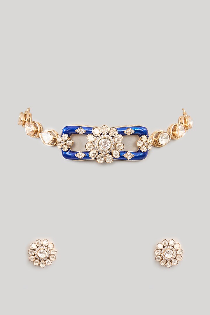 Gold Finish Kundan Polki & Beaded Necklace Set by Aura Trends at Pernia's Pop Up Shop