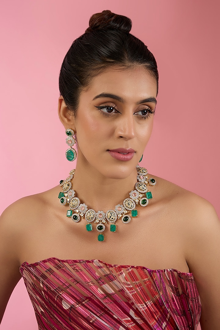 Two Tone Finish Multi-Colored Stone & Zircon Necklace Set by Auraa Trends at Pernia's Pop Up Shop