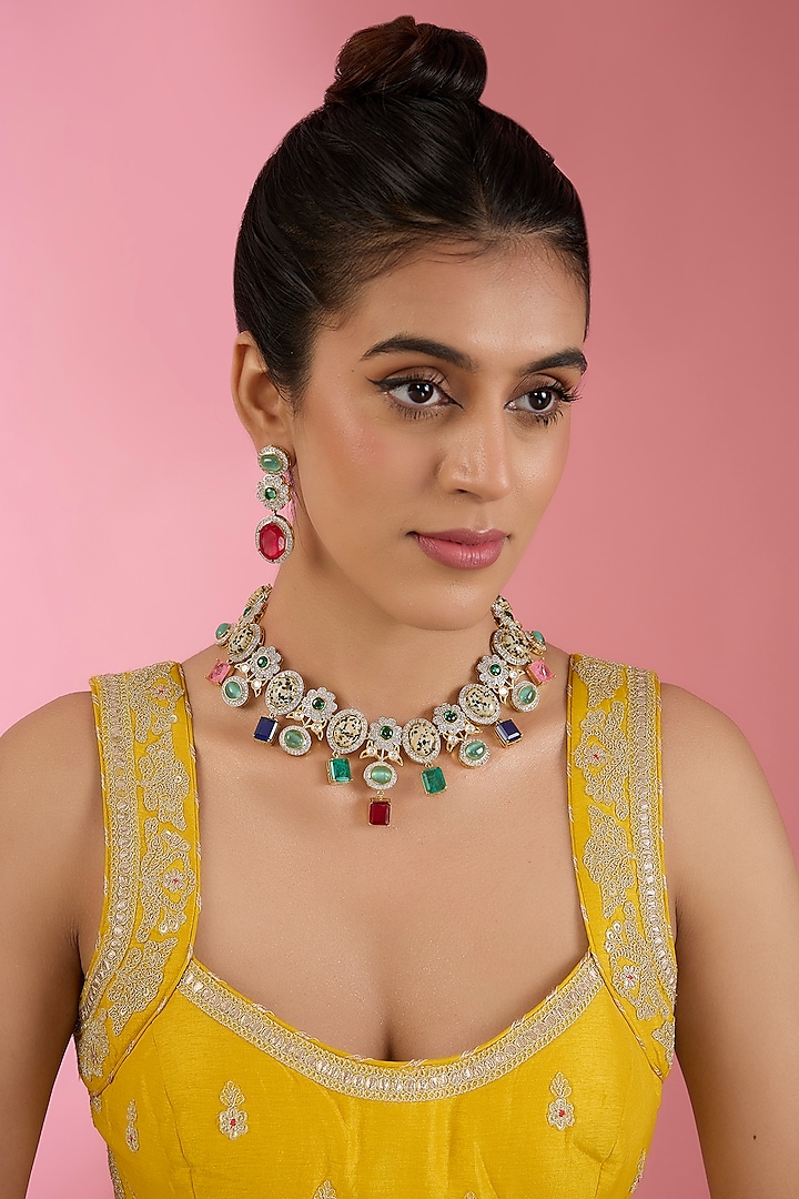 Two Tone Finish Multi-Colored Stone & Zircon Necklace Set by Auraa Trends at Pernia's Pop Up Shop