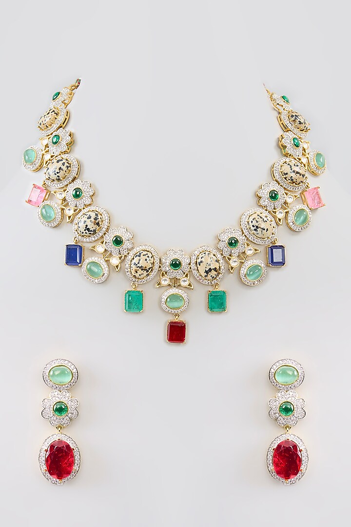 Two Tone Finish Multi-Colored Stone & Zircon Necklace Set by Aura Trends at Pernia's Pop Up Shop