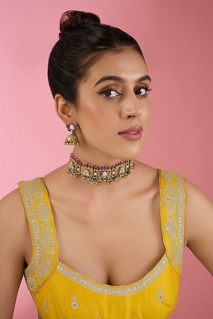 Gold Finish Kundan Polki & Beaded Choker Necklace Set by Aura Trends at Pernia's Pop Up Shop