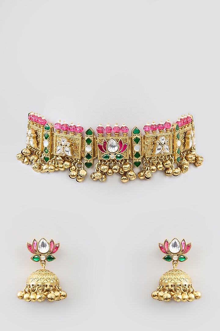Gold Finish Kundan Polki & Beaded Choker Necklace Set by Aura Trends at Pernia's Pop Up Shop