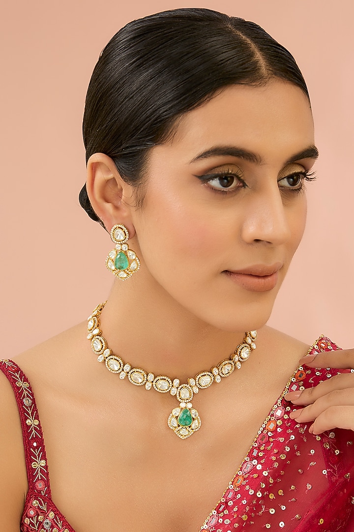 Gold Finish Kundan Polki & Green Beaded Necklace Set by Aura Trends at Pernia's Pop Up Shop