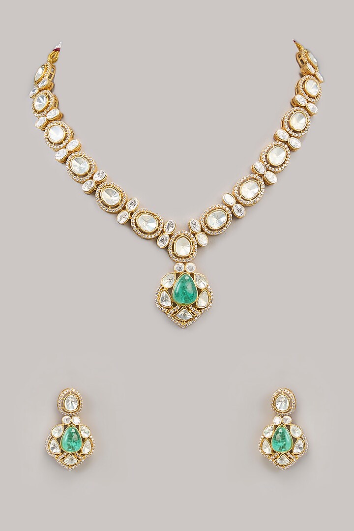 Gold Finish Kundan Polki & Green Beaded Necklace Set by Aura Trends at Pernia's Pop Up Shop