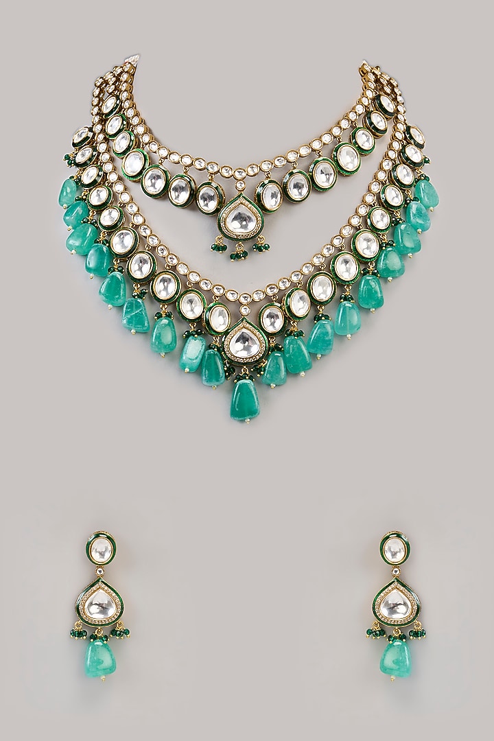 Gold Finish Kundan Polki & Green Beaded Necklace Set by Aura Trends at Pernia's Pop Up Shop