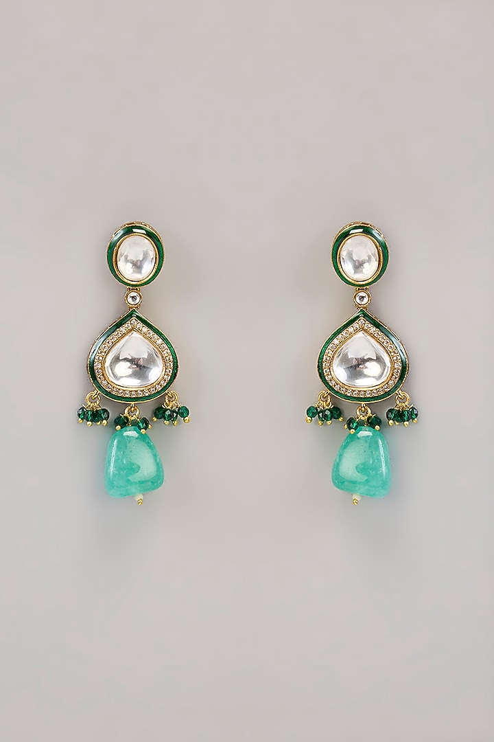 Gold Finish Kundan Polki & Green Beaded Necklace Set by Aura Trends at Pernia's Pop Up Shop