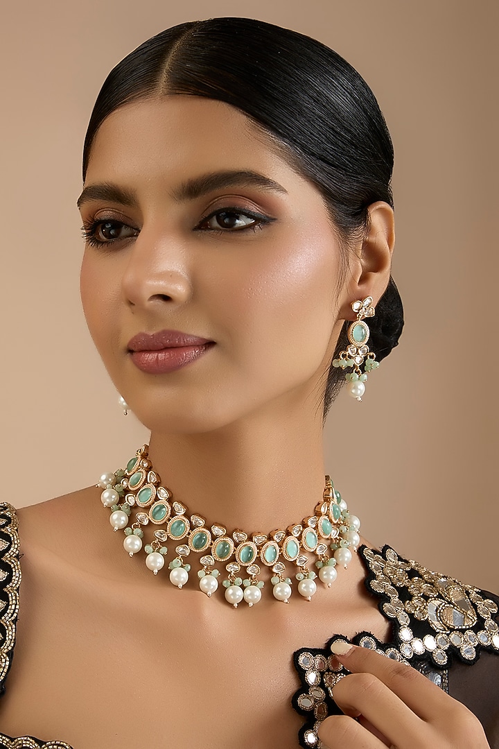 Gold Finish Kundan Polki & Green Stone Necklace Set by Auraa Trends at Pernia's Pop Up Shop