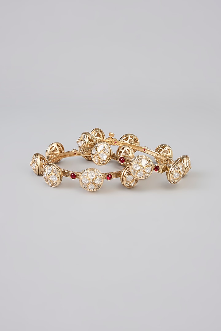 Gold Finish Kundan Polki & White Stone Bangle (Set Of 2) by Aura Trends at Pernia's Pop Up Shop