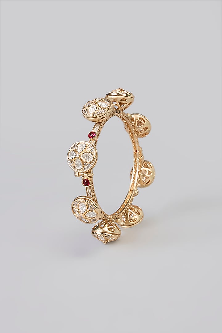 Gold Finish Kundan Polki & White Stone Bangle (Set Of 2) by Aura Trends at Pernia's Pop Up Shop