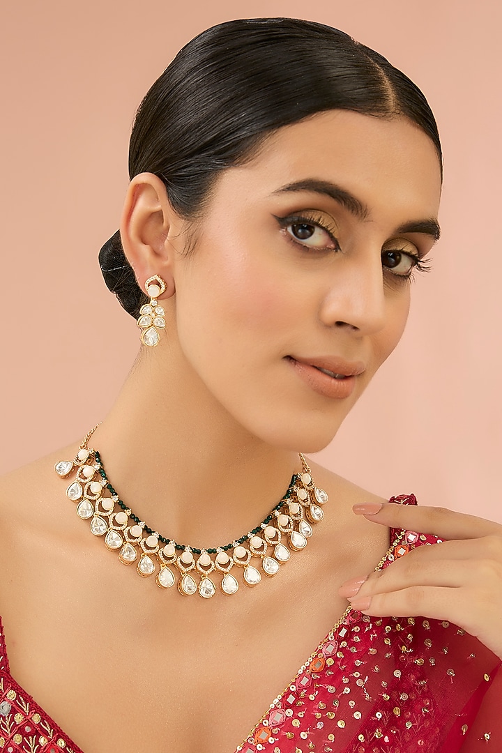 Gold Finish Kundan Polki Necklace Set by Aura Trends at Pernia's Pop Up Shop