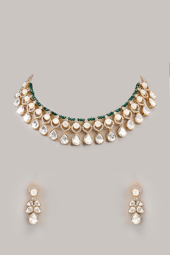 Gold Finish Kundan Polki Necklace Set by Aura Trends at Pernia's Pop Up Shop