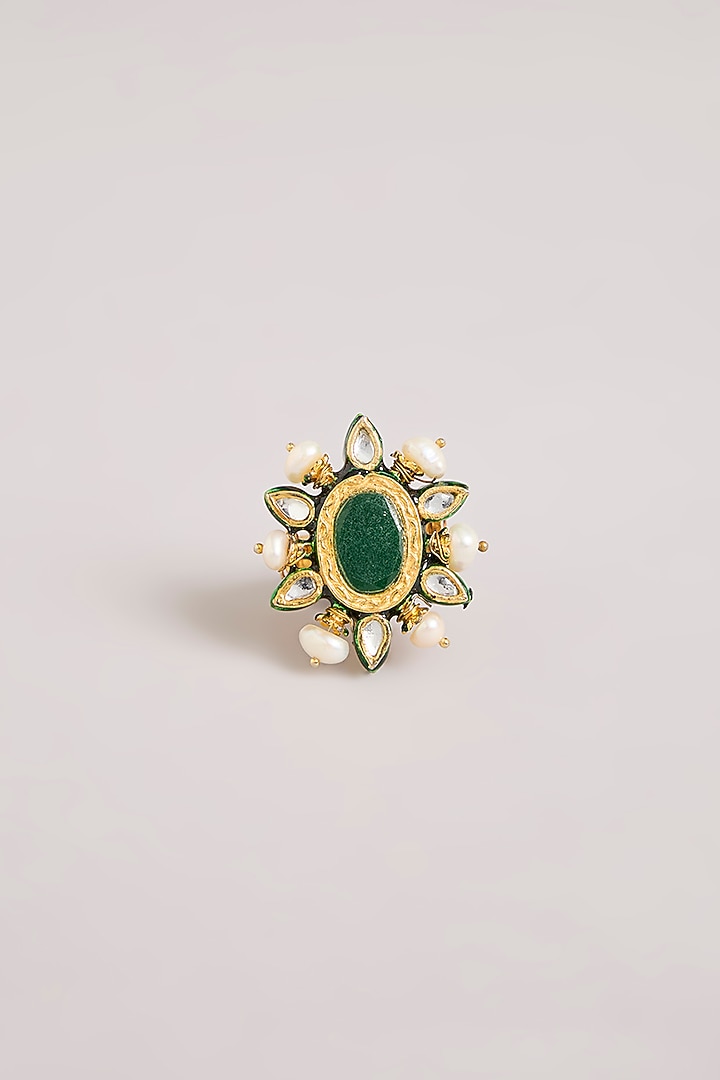 Gold Finish Kundan Polki & Emerald Green Stone Floral Ring by Aura Trends at Pernia's Pop Up Shop