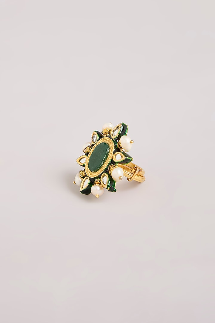 Gold Finish Kundan Polki & Emerald Green Stone Floral Ring by Aura Trends at Pernia's Pop Up Shop