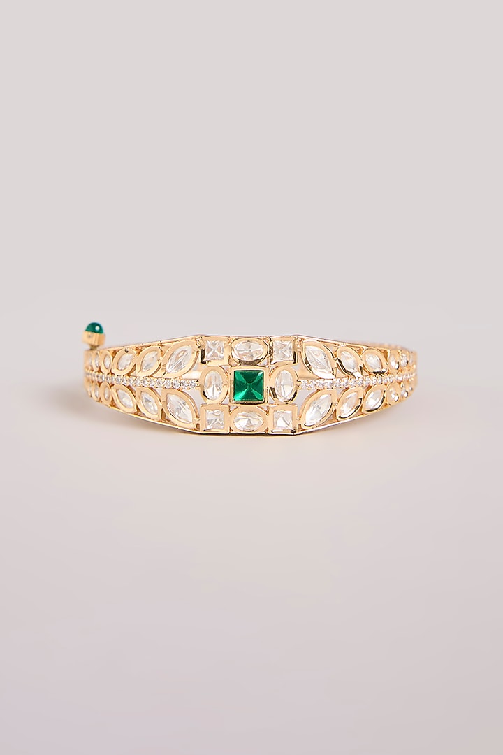 Gold Finish Kundan Polki & Emerald Green Stone Floral Bracelet by Aura Trends at Pernia's Pop Up Shop