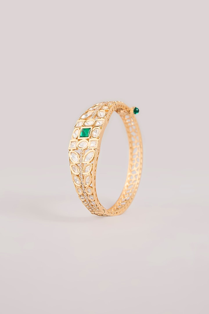 Gold Finish Kundan Polki & Emerald Green Stone Floral Bracelet by Aura Trends at Pernia's Pop Up Shop