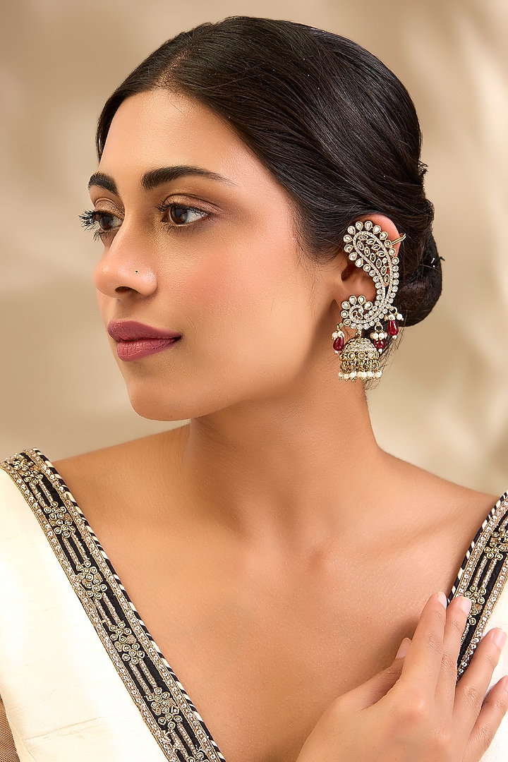 Gold Finish Kundan Polki & Red Beaded Earcuff Jhumka Earrings by Aura Trends at Pernia's Pop Up Shop