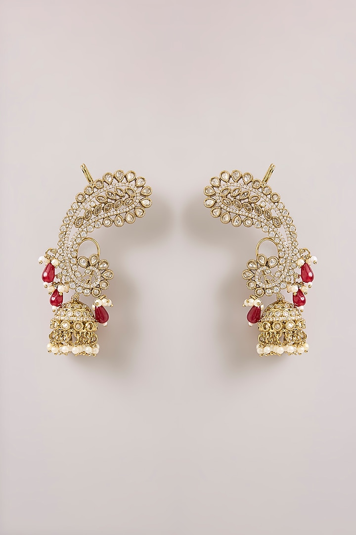 Gold Finish Kundan Polki & Red Beaded Earcuff Jhumka Earrings by Aura Trends at Pernia's Pop Up Shop