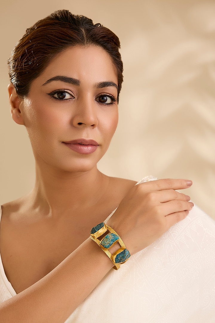 Gold Finish Uncut Turquoise Stone Cuff Bracelet by Aura Trends at Pernia's Pop Up Shop