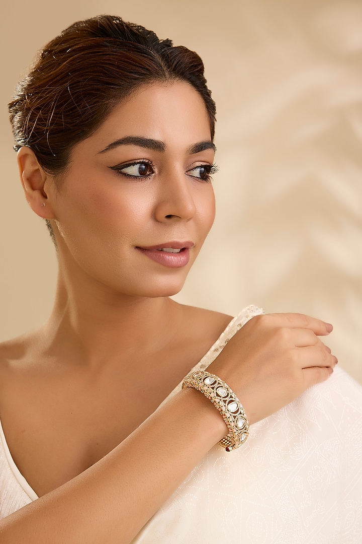 Gold Finish Kundan Polki White & Pink Stone Bracelet by Aura Trends at Pernia's Pop Up Shop