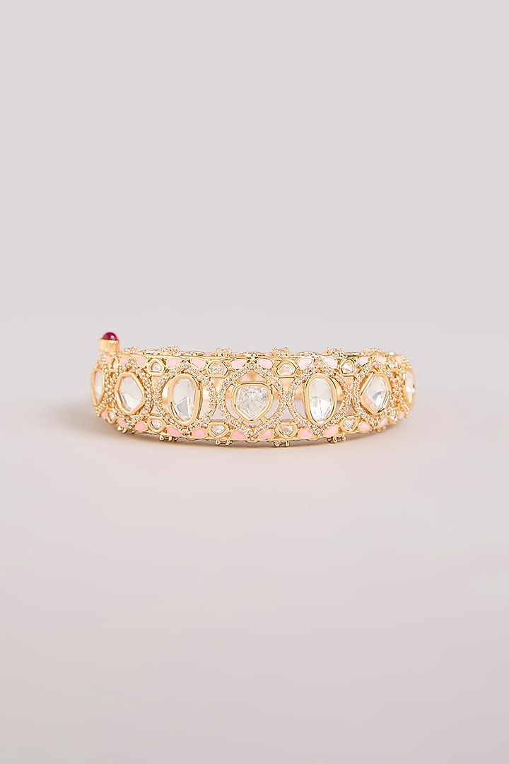 Gold Finish Kundan Polki White & Pink Stone Bracelet by Aura Trends at Pernia's Pop Up Shop