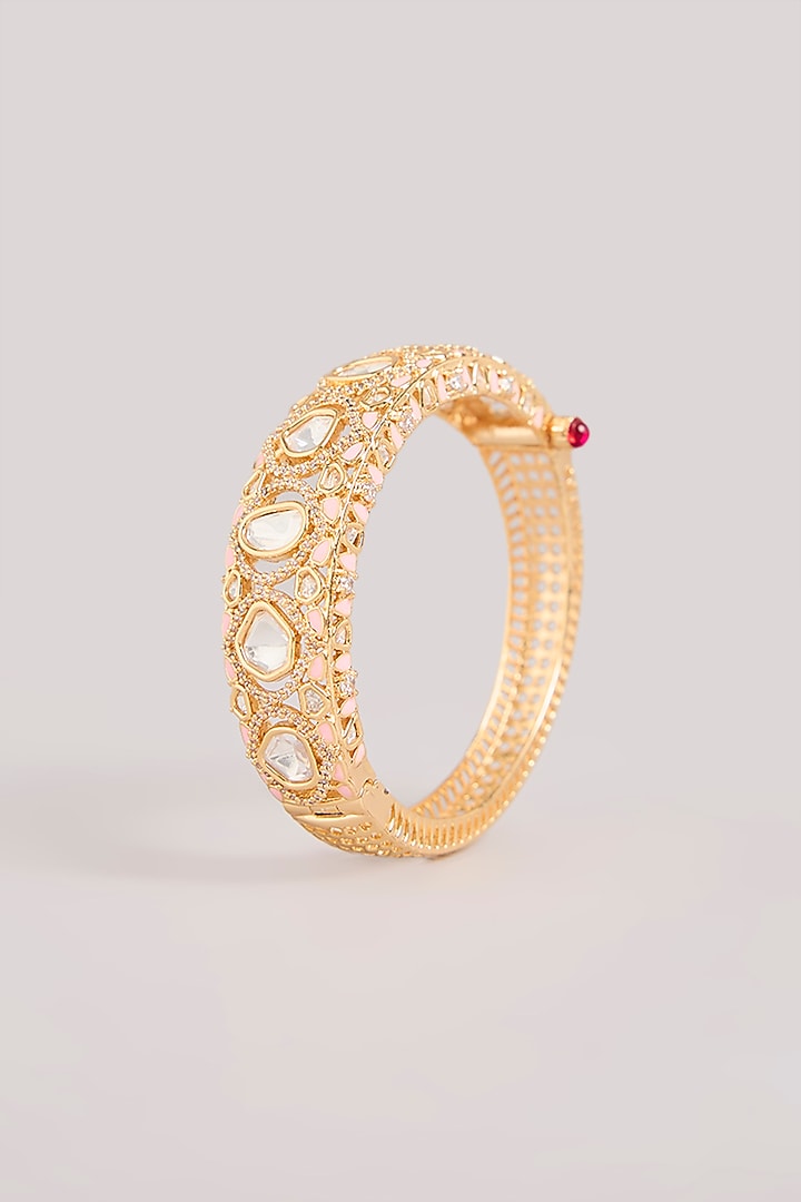 Gold Finish Kundan Polki White & Pink Stone Bracelet by Aura Trends at Pernia's Pop Up Shop