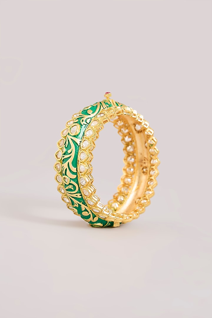 Gold Finish Red Stone & Pearl Beaded Green Meenakari Bangles (Set Of 2) by Aura Trends at Pernia's Pop Up Shop