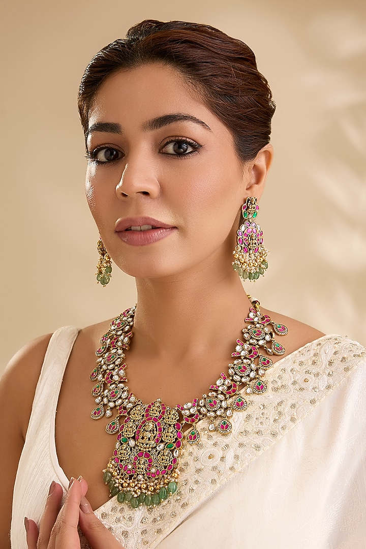Gold Finish Pink & Green Stone Necklace Set by Aura Trends at Pernia's Pop Up Shop