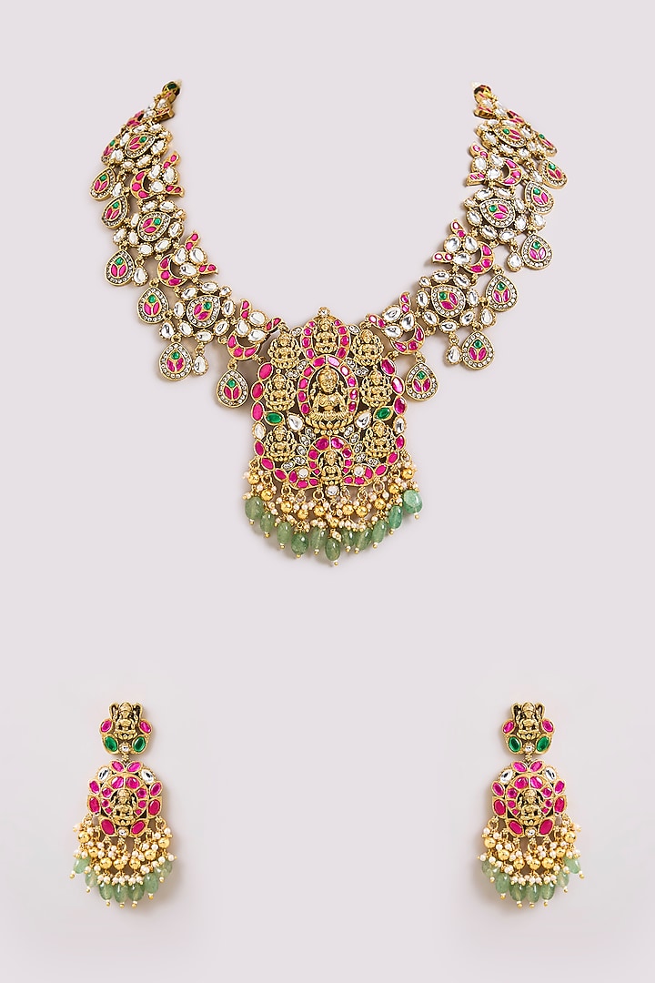 Gold Finish Pink & Green Stone Necklace Set by Aura Trends at Pernia's Pop Up Shop