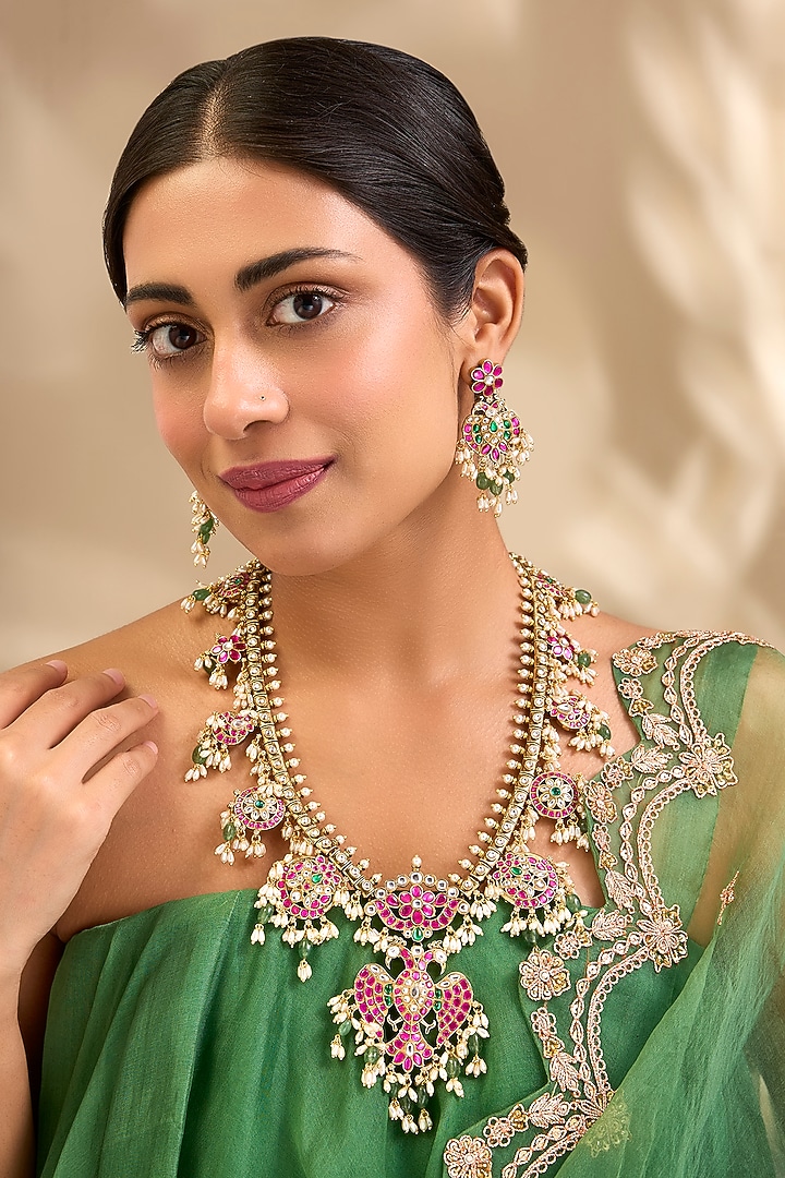 Gold Finish Kundan Polki & Pearl Beaded Necklace Set by Aura Trends at Pernia's Pop Up Shop