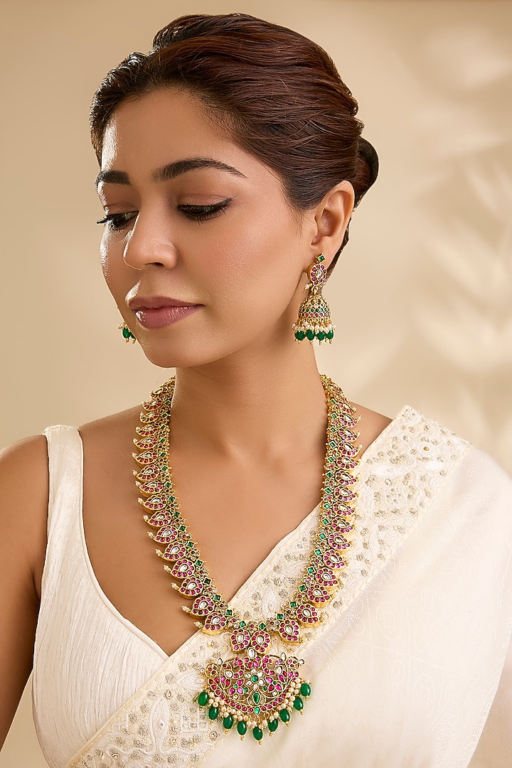 Gold Finish Kundan Polki & Pink Stone Long Necklace Set by Aura Trends at Pernia's Pop Up Shop