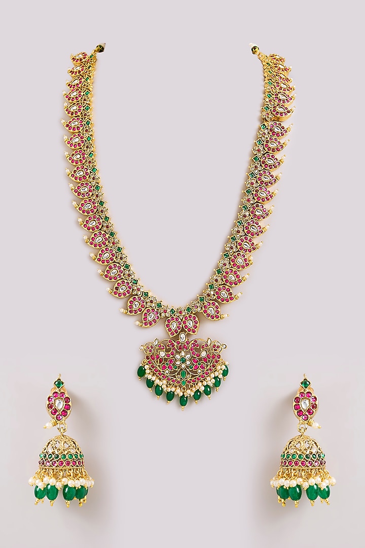 Gold Finish Kundan Polki & Pink Stone Long Necklace Set by Aura Trends at Pernia's Pop Up Shop