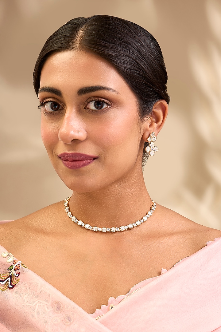 Gold Finish Kundan Polki Floret Choker Necklace Set by Aura Trends at Pernia's Pop Up Shop
