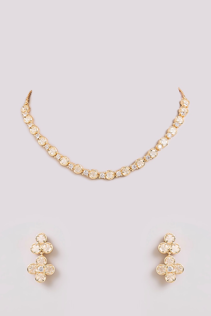 Gold Finish Kundan Polki Floret Choker Necklace Set by Aura Trends at Pernia's Pop Up Shop