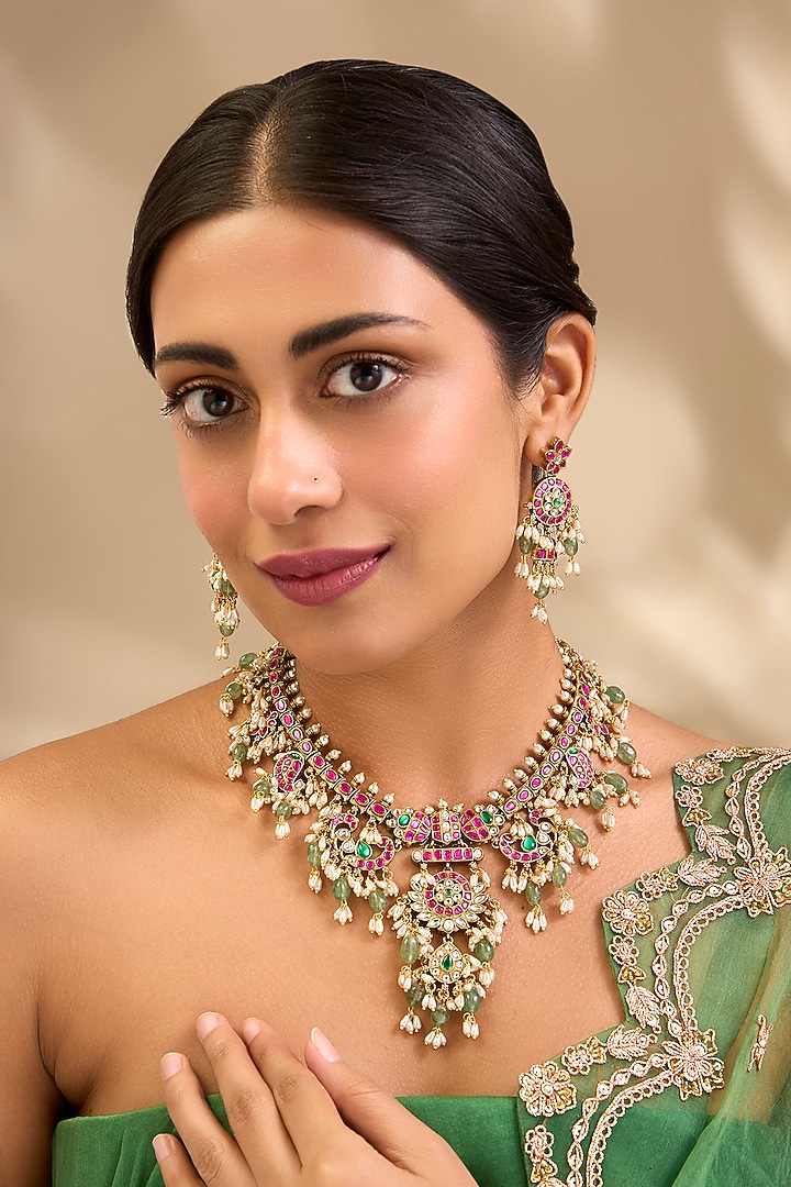 Gold Finish Kundan Polki & Pearl Drop Necklace Set by Aura Trends at Pernia's Pop Up Shop