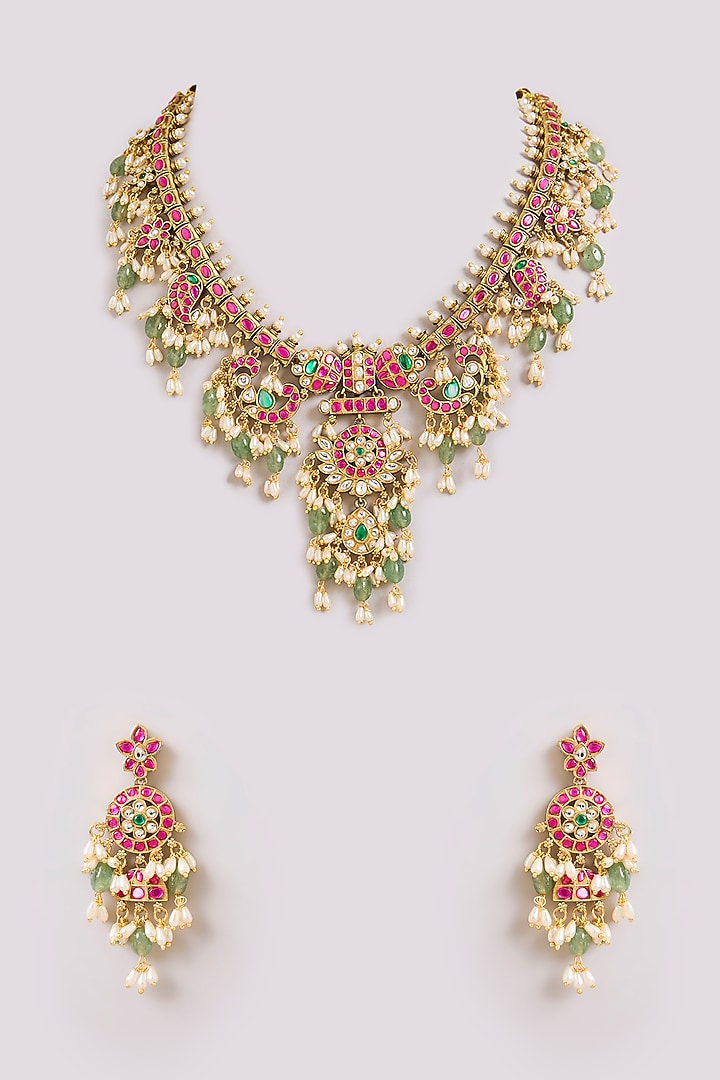 Gold Finish Kundan Polki & Pearl Drop Necklace Set by Aura Trends at Pernia's Pop Up Shop