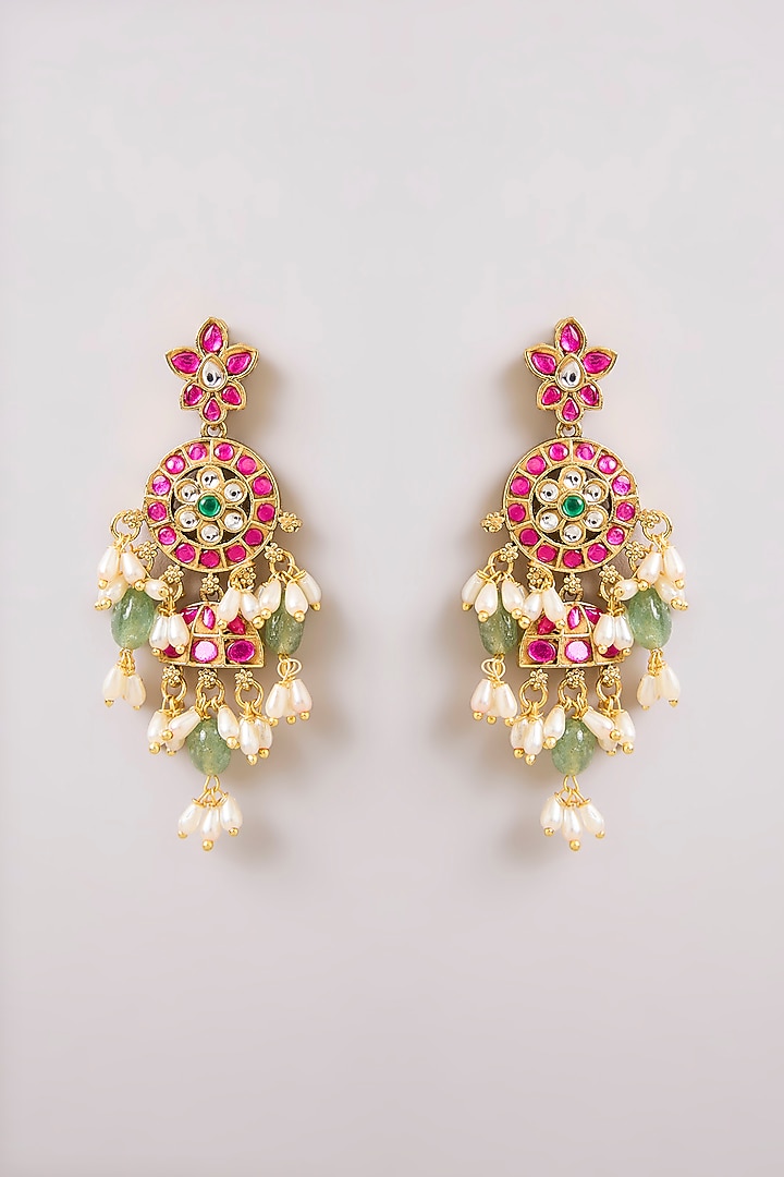 Gold Finish Kundan Polki & Pearl Drop Necklace Set by Aura Trends at Pernia's Pop Up Shop