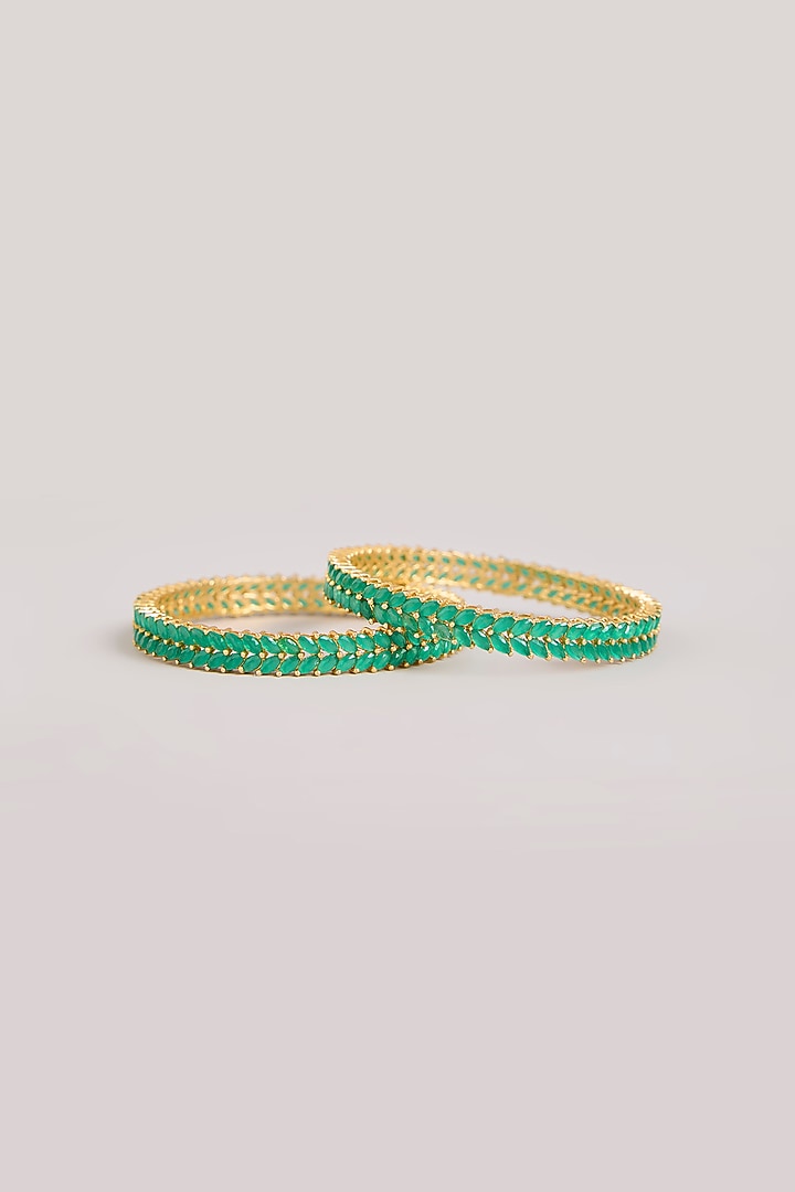 Gold Finish Green Stone Bangles (Set Of 2) by Aura Trends at Pernia's Pop Up Shop