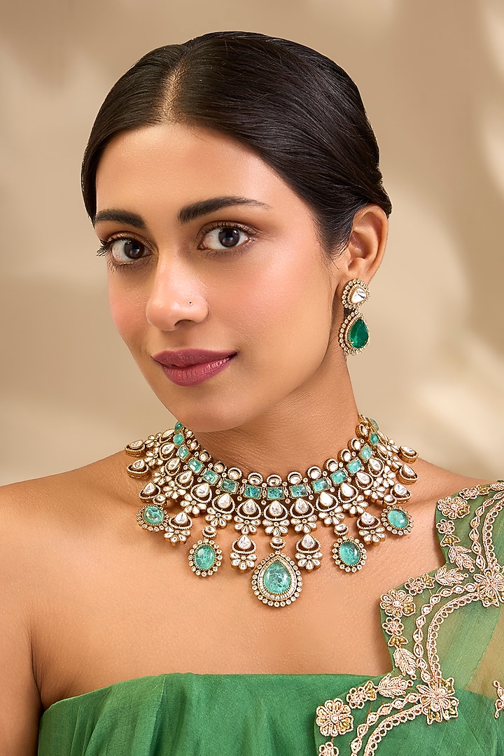 Gold Finish Kundan Polki & Green Stone Necklace Set by Aura Trends at Pernia's Pop Up Shop