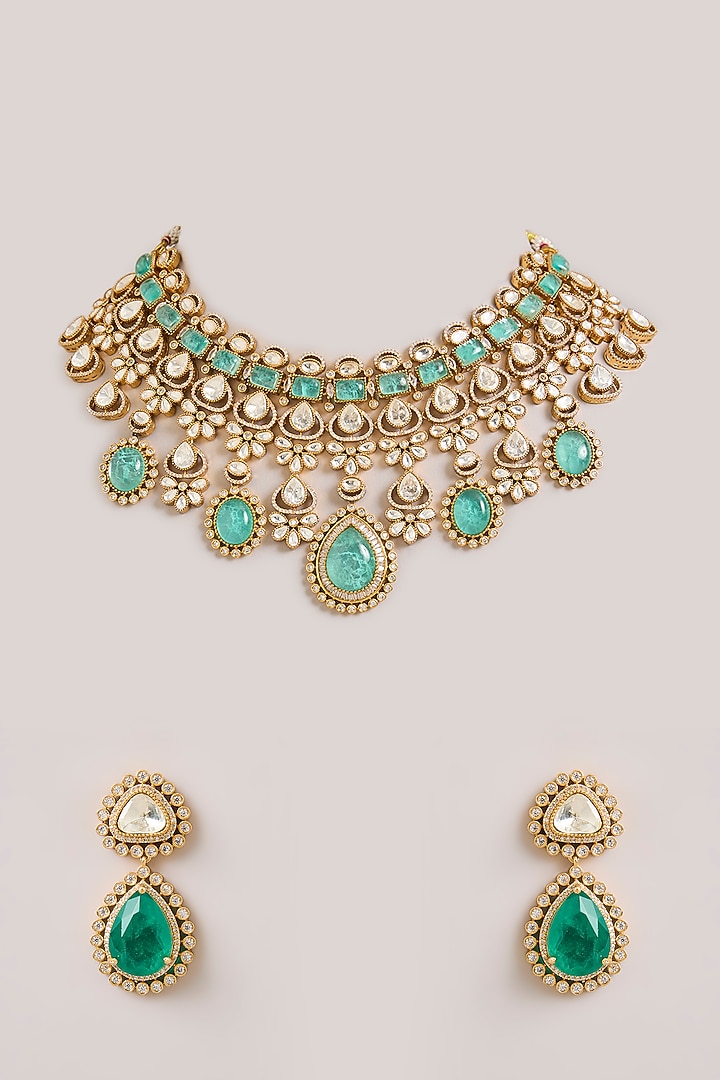 Gold Finish Kundan Polki & Green Stone Necklace Set by Aura Trends at Pernia's Pop Up Shop