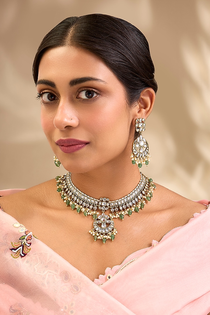Gold Finish Kundan Polki & Green Stone Necklace Set by Aura Trends at Pernia's Pop Up Shop