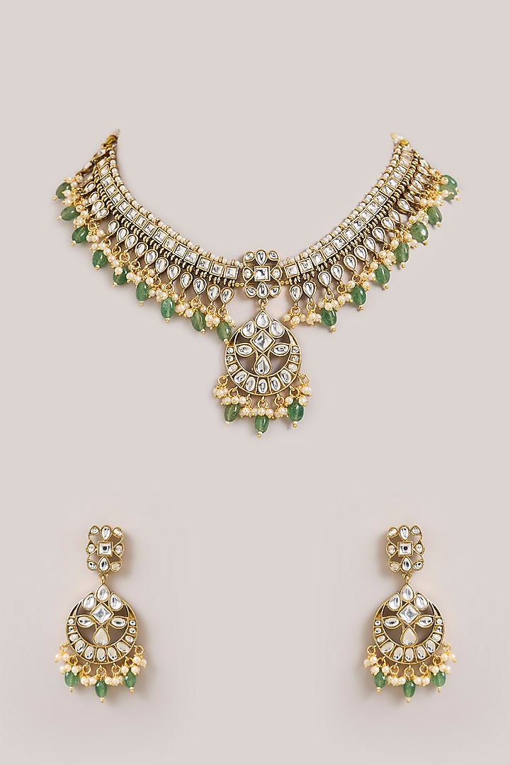 Gold Finish Kundan Polki & Green Stone Necklace Set by Aura Trends at Pernia's Pop Up Shop