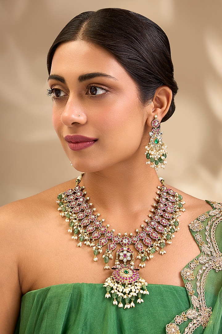 Gold Finish Kundan Polki & Pink Stone Necklace Set by Aura Trends at Pernia's Pop Up Shop