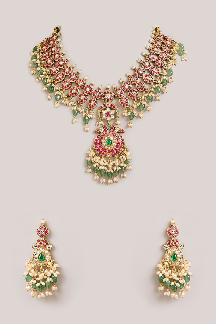 Gold Finish Kundan Polki & Pink Stone Necklace Set by Aura Trends at Pernia's Pop Up Shop