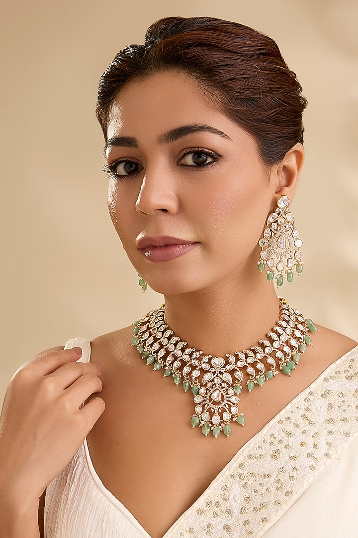 Gold Finish Kundan Polki & Green Stone Necklace Set by Aura Trends at Pernia's Pop Up Shop