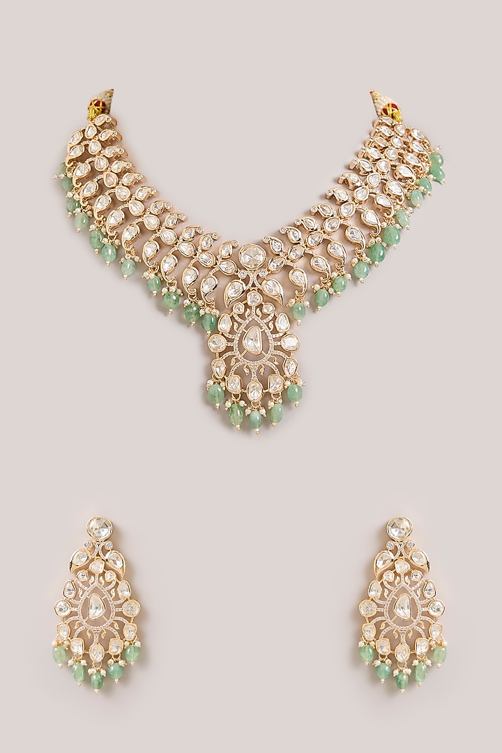Gold Finish Kundan Polki & Green Stone Necklace Set by Aura Trends at Pernia's Pop Up Shop
