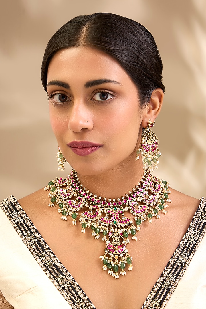 Gold Finish Kundan Polki & Pink Stone Necklace Set by Aura Trends at Pernia's Pop Up Shop