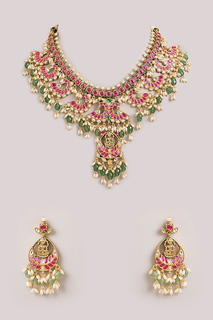Gold Finish Kundan Polki & Pink Stone Necklace Set by Aura Trends at Pernia's Pop Up Shop