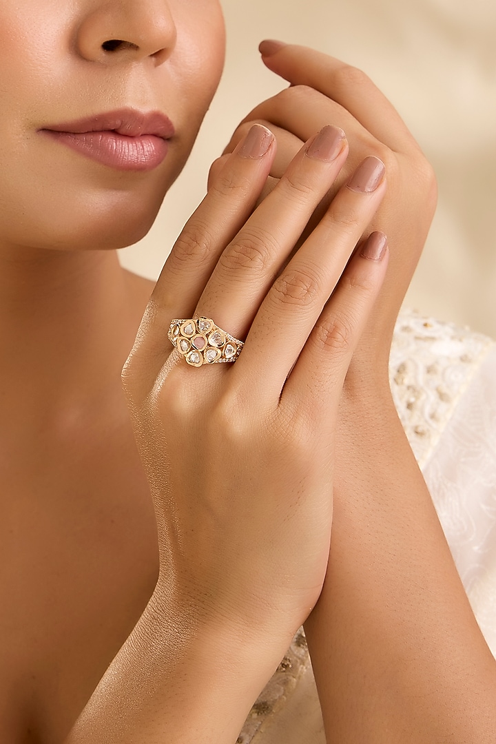 Gold Finish Pink & White Kundan Polki Ring by Aura Trends at Pernia's Pop Up Shop